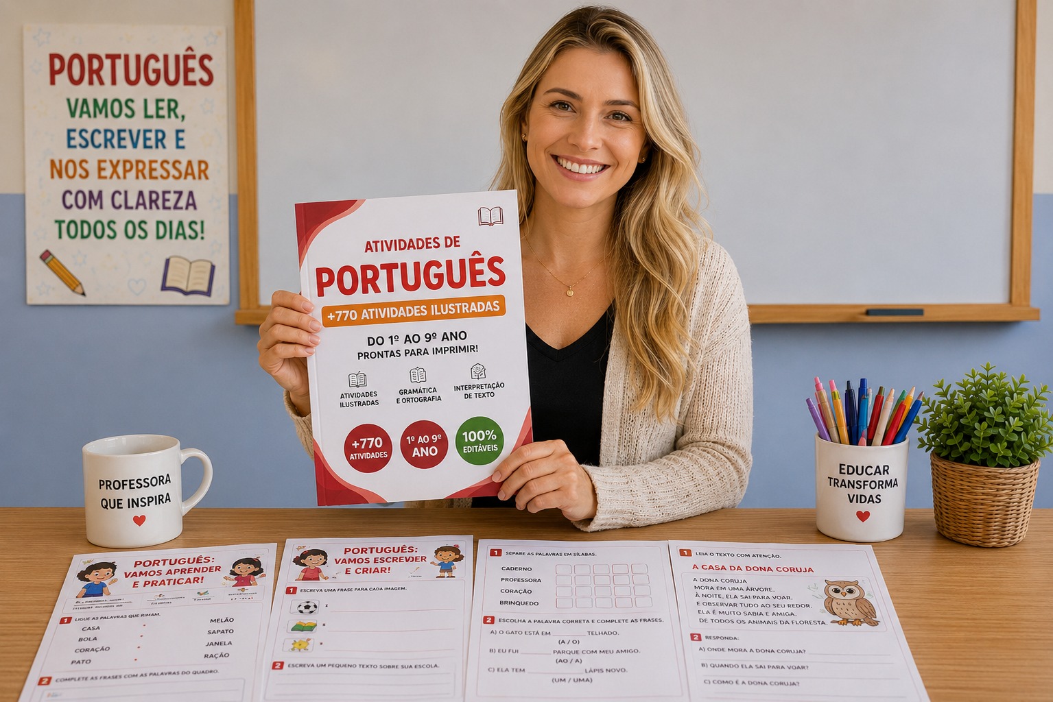 Atividades de Português espalhadas sobre mesa