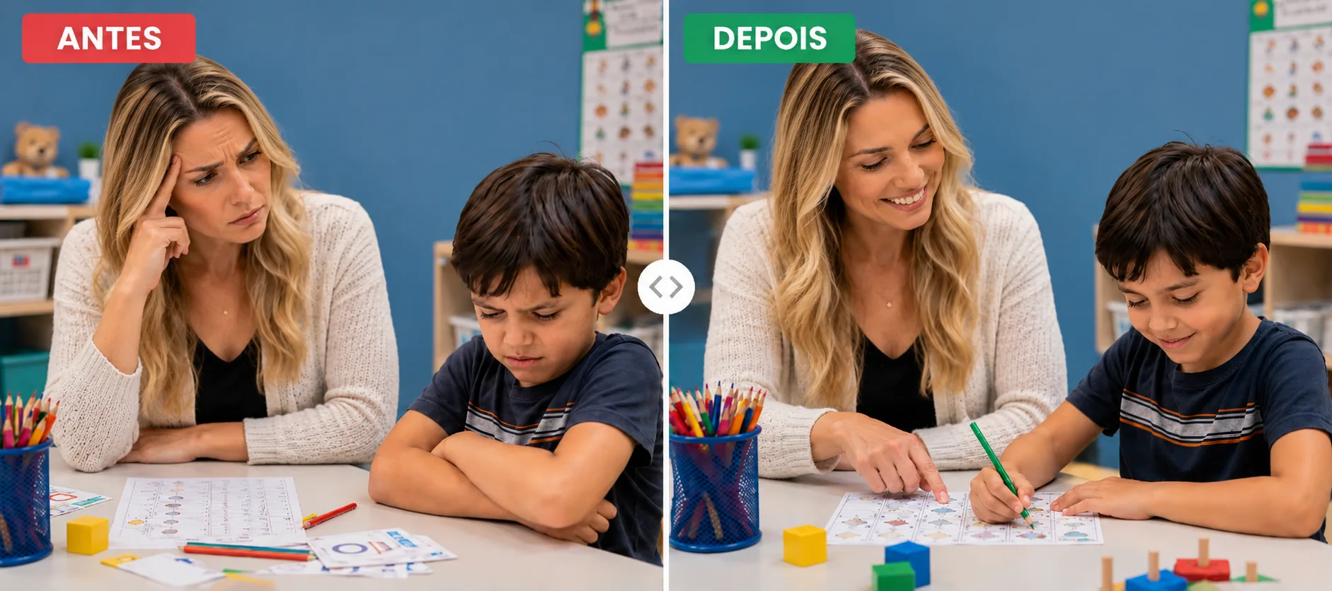 Antes e depois: professora de AEE no atendimento sem e com as atividades prontas